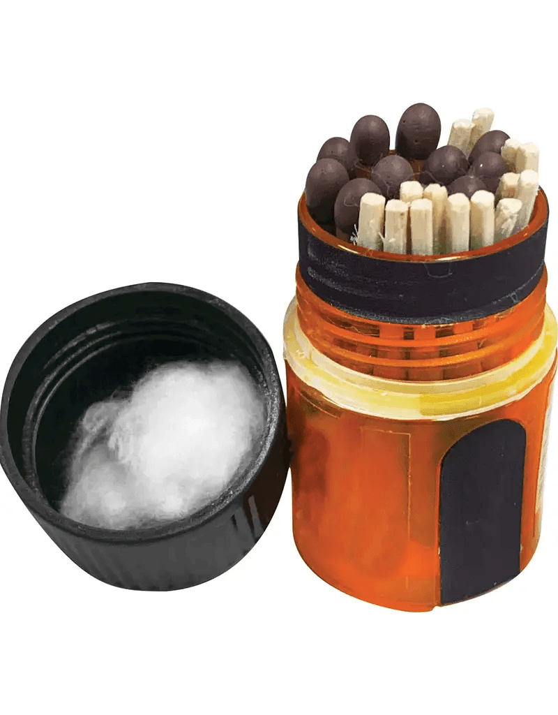 All-weather survival matches in orange waterproof case with black lid and cotton inside