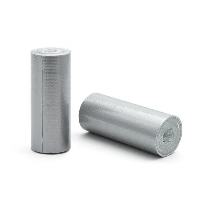 Two rolls of silver duct tape on a white background