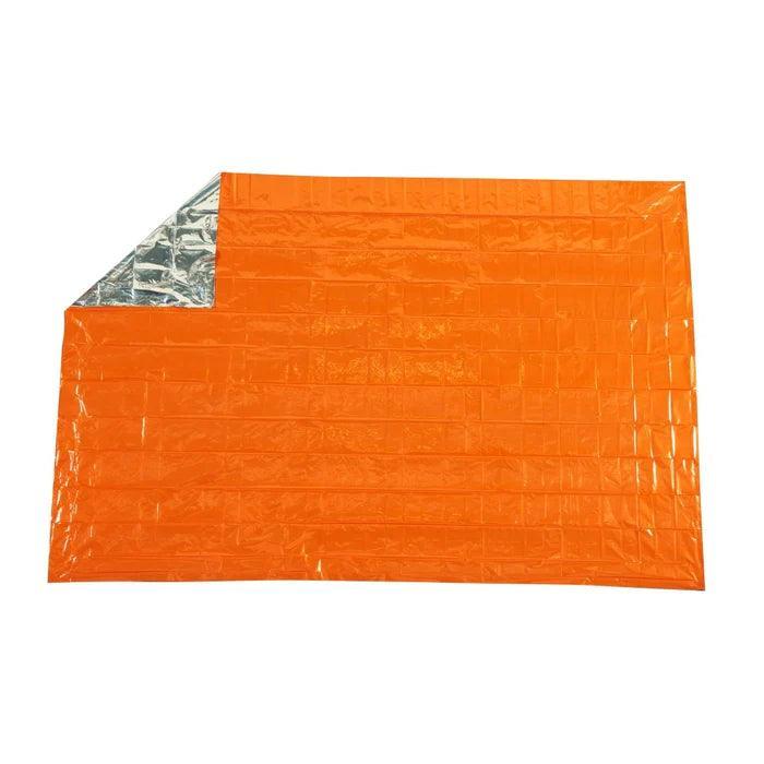 Orange emergency blanket with reflective silver corner for outdoor survival use