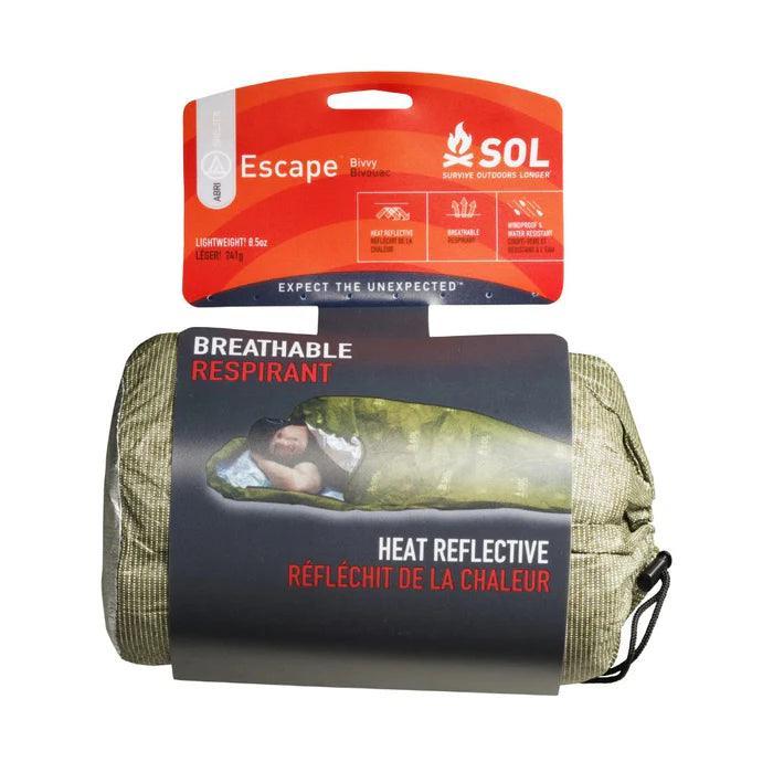 SOL Escape Bivvy breathable heat reflective emergency sleeping bag in retail packaging