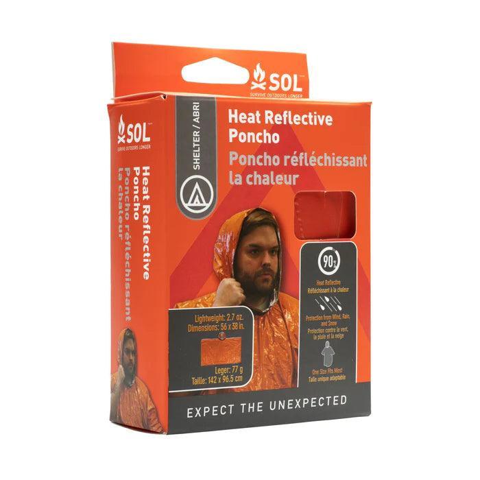 SOL Heat Reflective Poncho orange survival gear packaging with product window and model