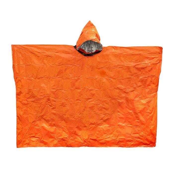 Bright orange heat reflective emergency poncho with hood against a white background