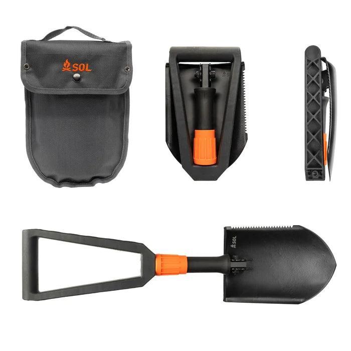 SOL packable field shovel with carry case, shown folded and unfolded, outdoor tool