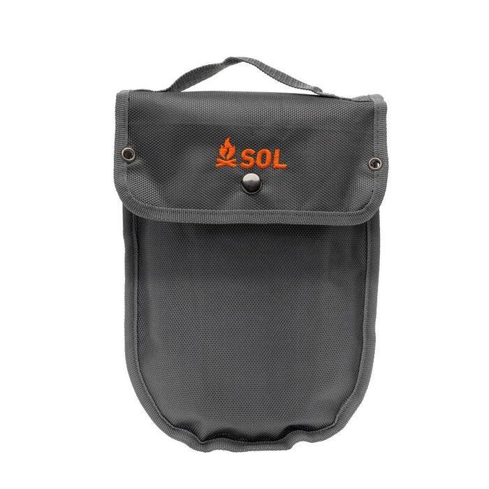 SOL packable field shovel in gray carrying pouch with orange logo on front