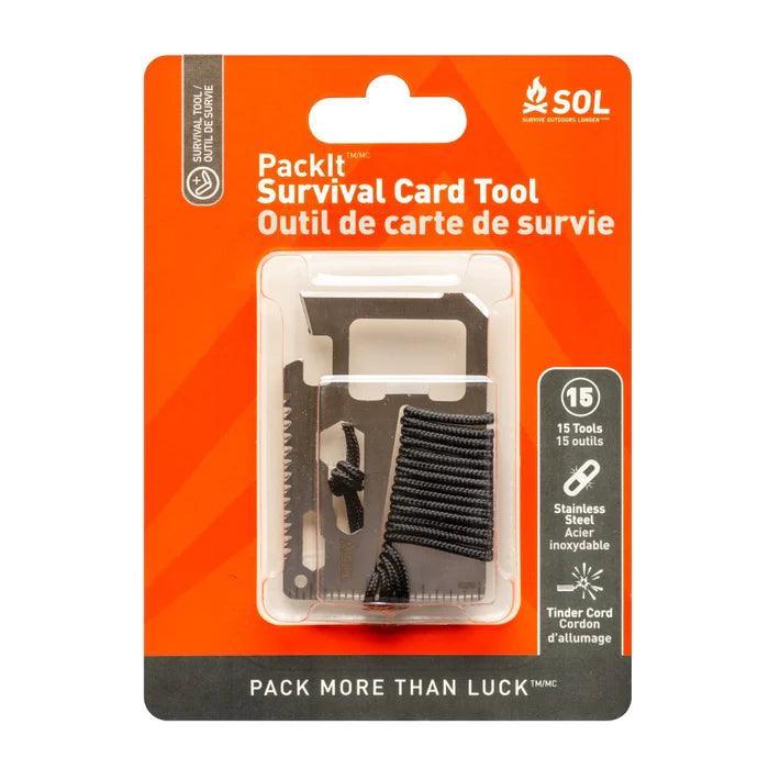 SOL PackIt Survival Card Tool in stainless steel on orange retail packaging