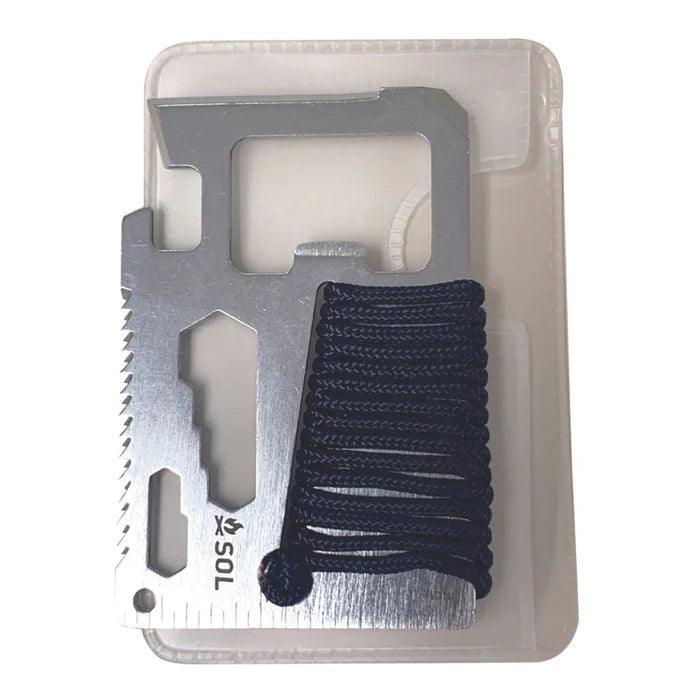 SOL PackIt stainless steel survival card tool with black cord in plastic case