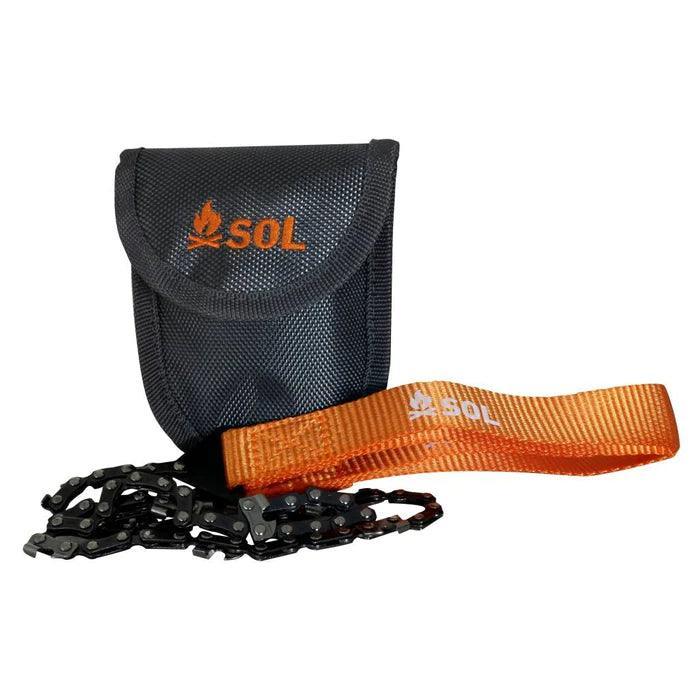 SOL pocket chain saw with orange strap and black carrying pouch for outdoor survival