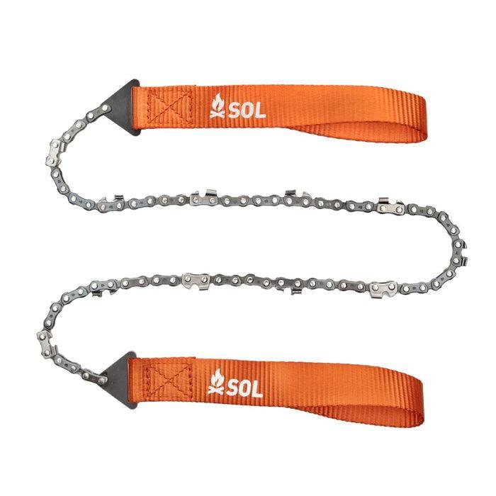 SOL pocket chain saw with orange nylon straps for outdoor survival and camping