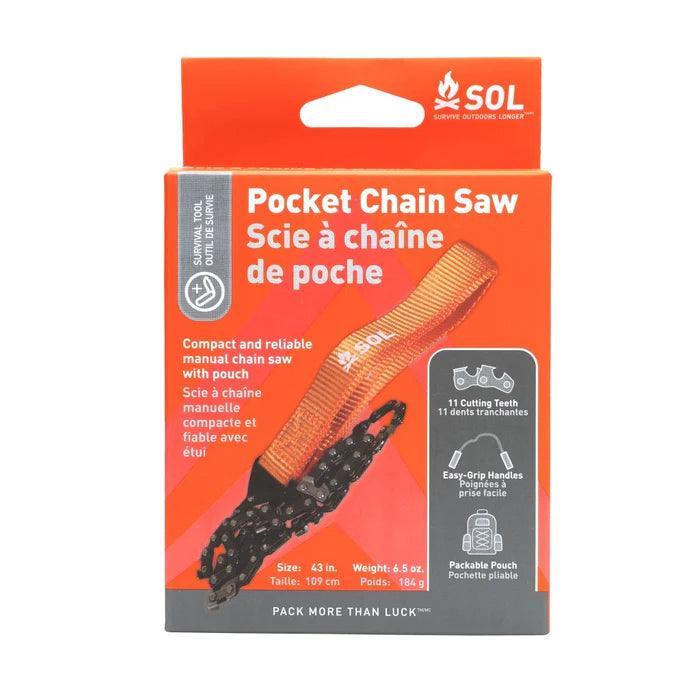 SOL pocket chain saw in orange and black packaging, compact survival tool with pouch
