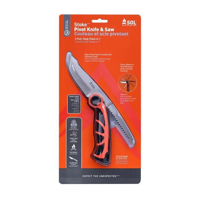 SOL Stoke Pivot Knife and Saw in retail packaging with orange and black handle