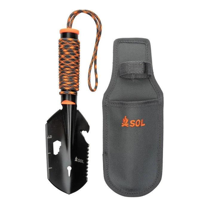 SOL Stoke Shovel with orange paracord handle and gray carry pouch, outdoor gear
