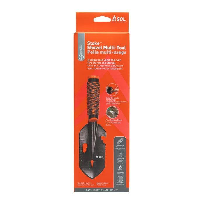 SOL Stoke Shovel Multi-Tool in orange packaging for camping and outdoor use