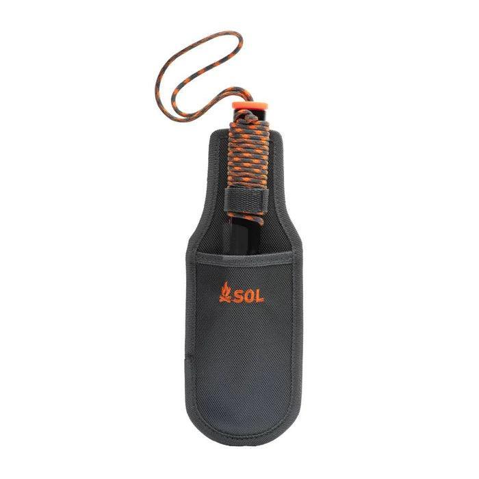 SOL outdoor shovel with orange paracord handle in gray carrying case on white background