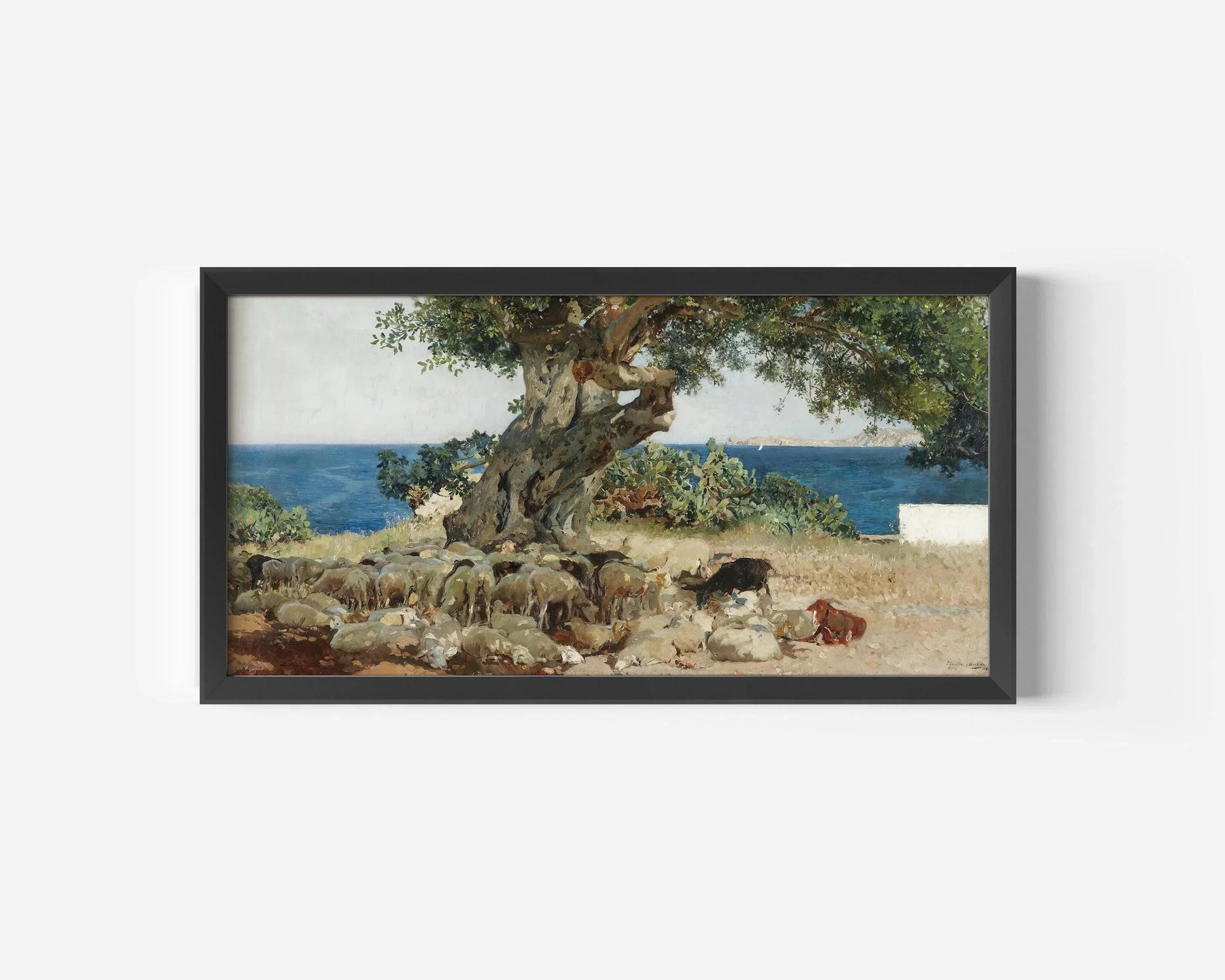 Impressionist painting of a carob tree with sheep by the sea, framed wall art print