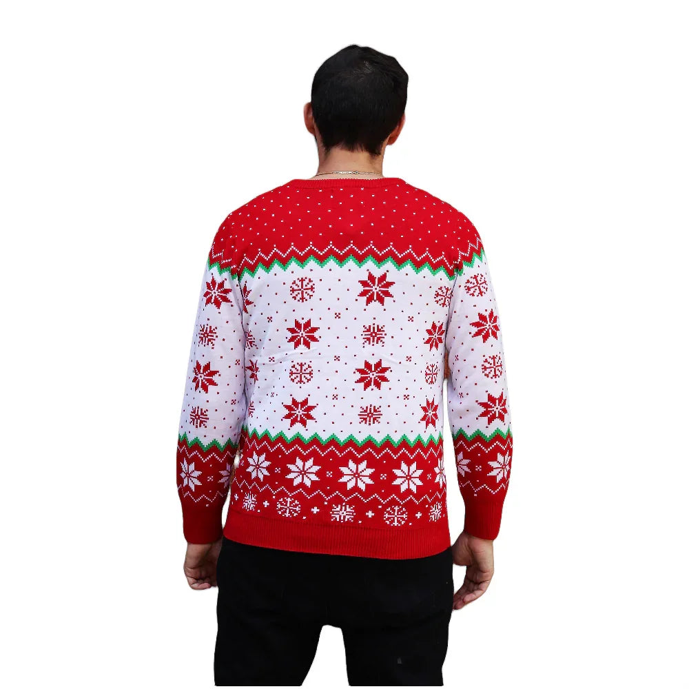 Man wearing red and white Christmas sweater with snowflake pattern, back view