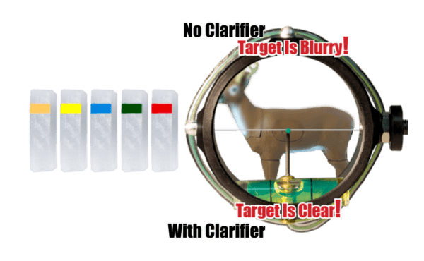 Specialty Archery PXL Hunter peep clarifier lenses with sight view showing blurry and clear target.