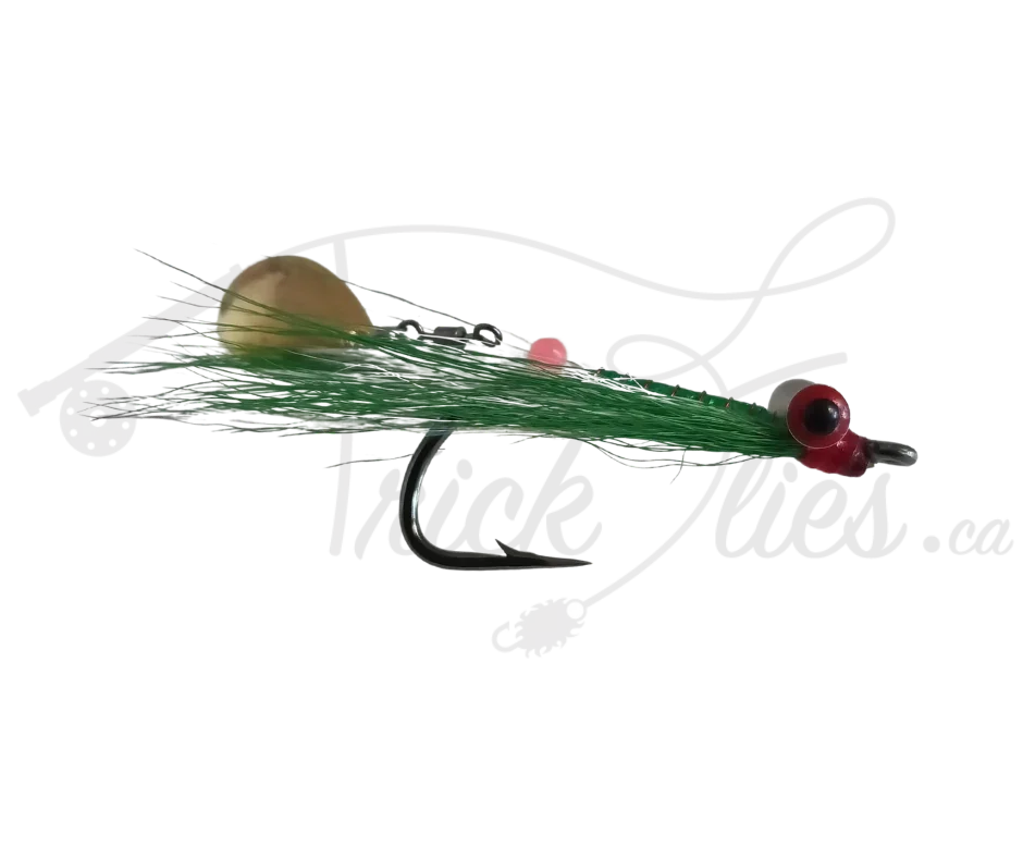 Green and white spoon Clouser fishing fly with red head and large eyes on clear background