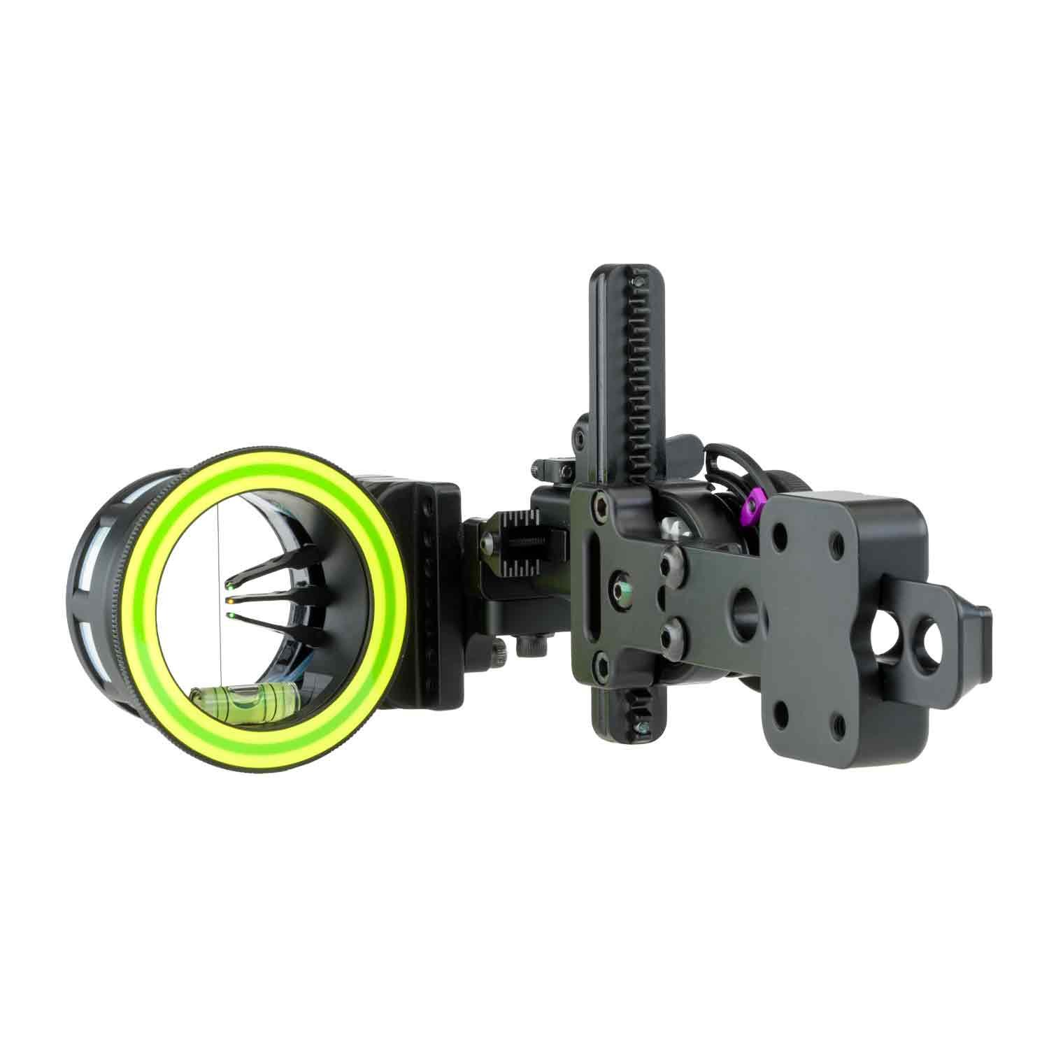 Adjustable black bow sight with three fiber optic pins, circular housing, and level