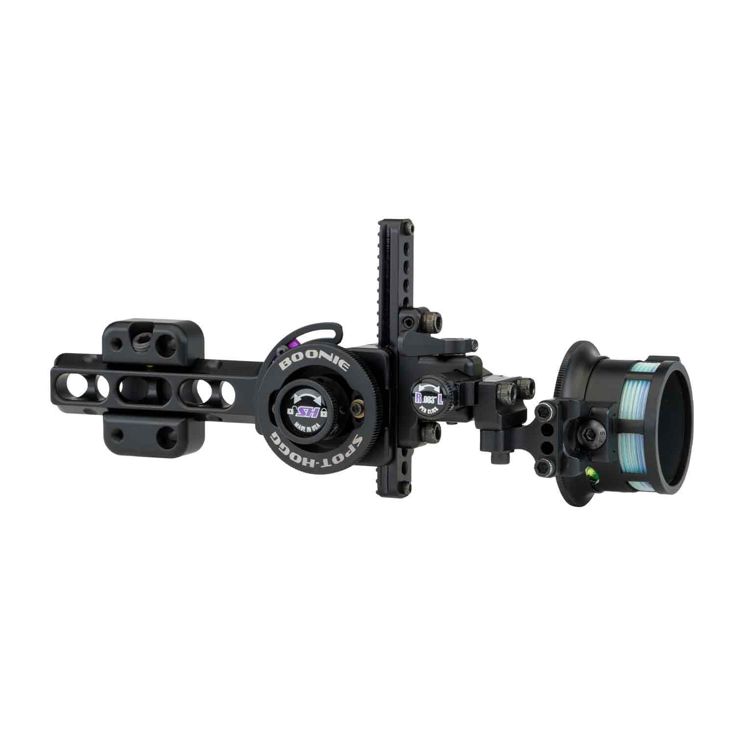 Spot Hogg bow sight with micro-adjustable pins and precision adjustment dials
