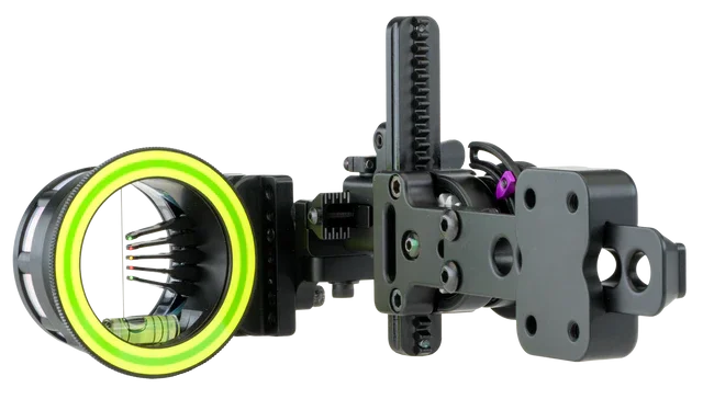 Archery sight with illuminated ring, precision adjustment knobs, and level indicator