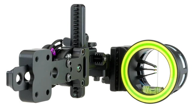 Single pin adjustable bow sight with a fluorescent green ring and built-in level