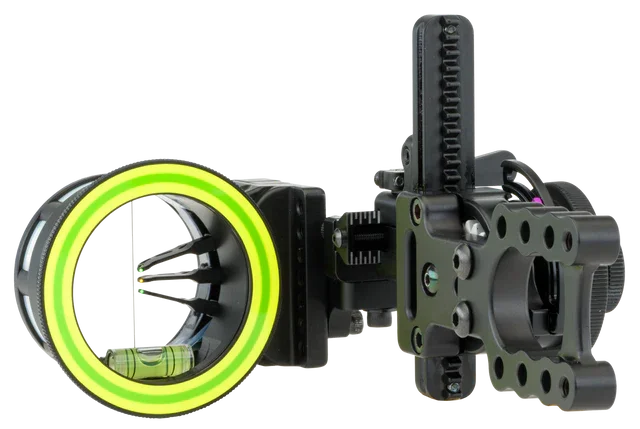 Adjustable compound bow sight with bright green ring and level, archery accessory