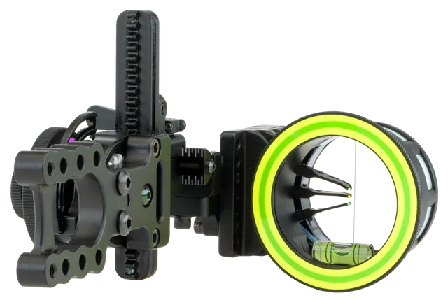 Spot-Hogg MRT bow sight with three pins, green ring, and integrated sight level