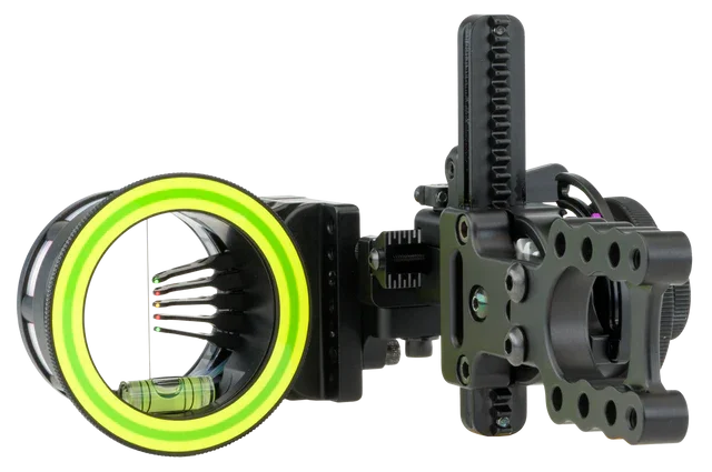 Fiber optic 5-pin bow sight with green ring and bubble level for archery accuracy