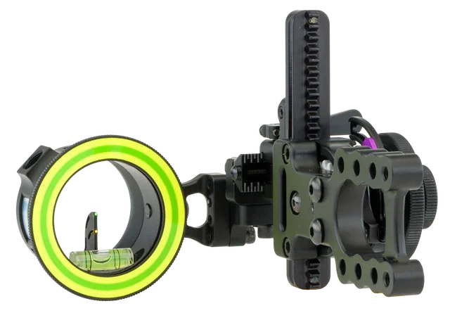 Spot Hogg double pin bow sight with green ring and adjustment knobs, right side view