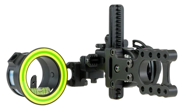 Adjustable single pin bow sight with green accent ring and bubble level for archery