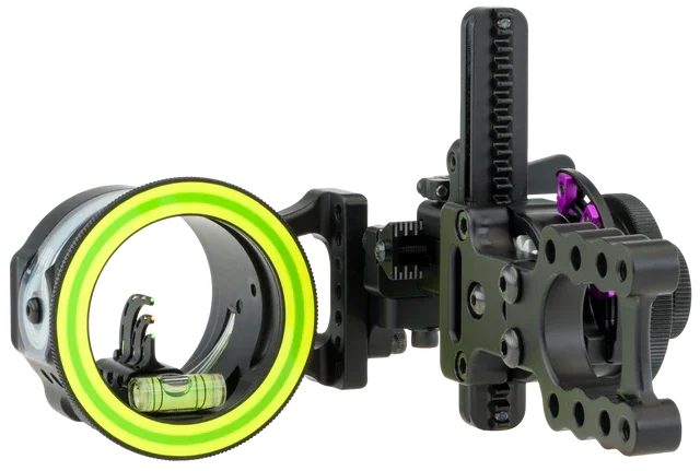 Spot-Hogg MRT archery bow sight with triple stack pins and yellow ring