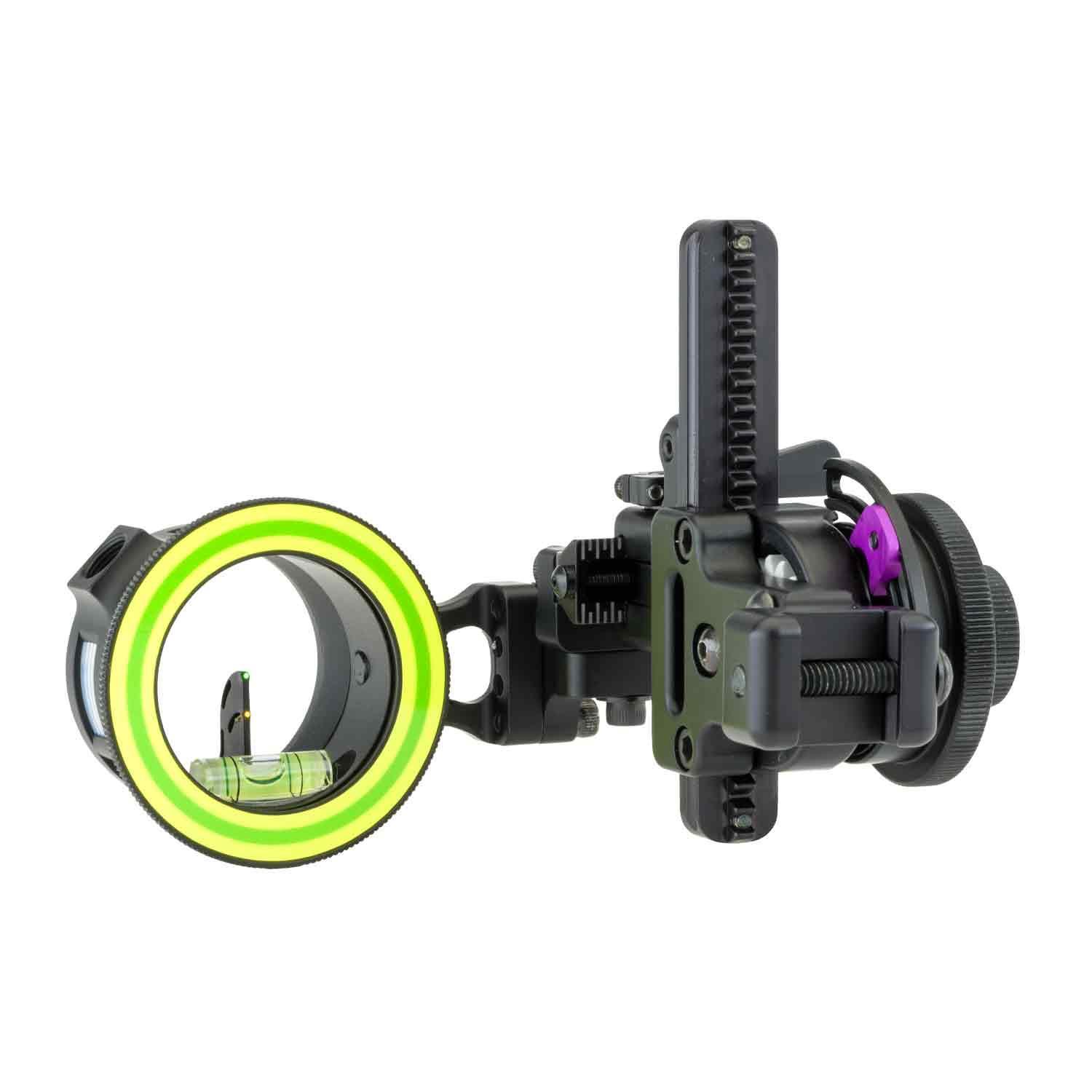 Spot Hogg archery sight with green ring and level, close-up on white background