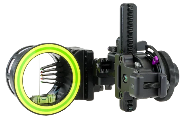 Archery sight with green illuminated ring, multiple fiber optic pins, and micro-adjustment knobs