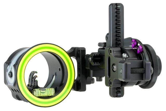 Spot-Hogg MRT archery sight with neon yellow ring and adjustment knobs, right side view
