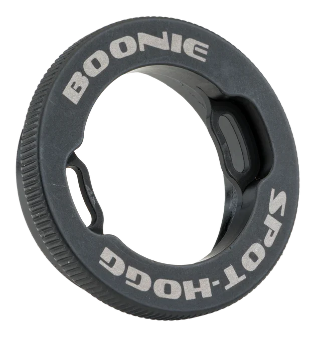Spot-Hogg Boonie black archery adjustment wheel with bold white logo on black background