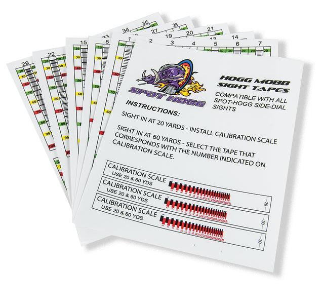 Spot Hogg Hogg Mobb sight tapes for archery, instructions and calibration scales visible.