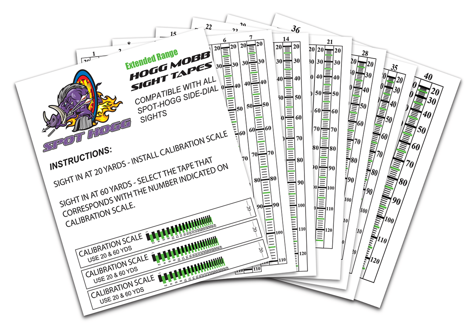 Spot Hogg Hogg Mobb sight tapes for archery, calibration instructions and numbered scales.