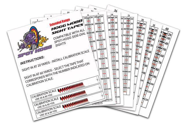 Spot Hogg Hogg Mobb sight tapes for archery with calibration instructions and charts