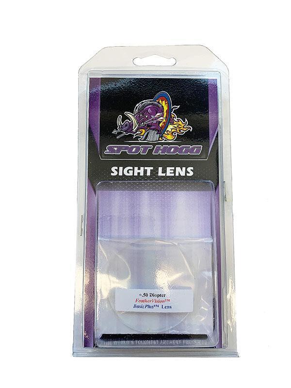 Spot Hogg archery sight lens in retail packaging, clear lens with purple branding