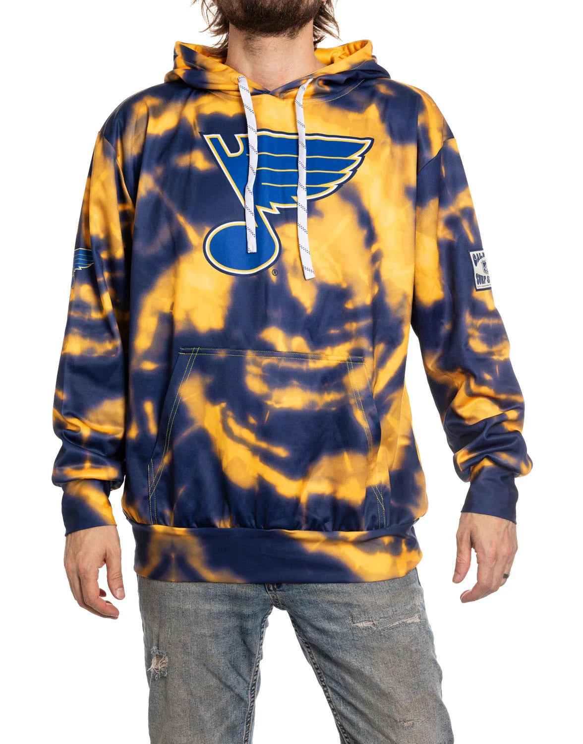 Blue and yellow tie-dye hoodie with large St. Louis Blues logo on front