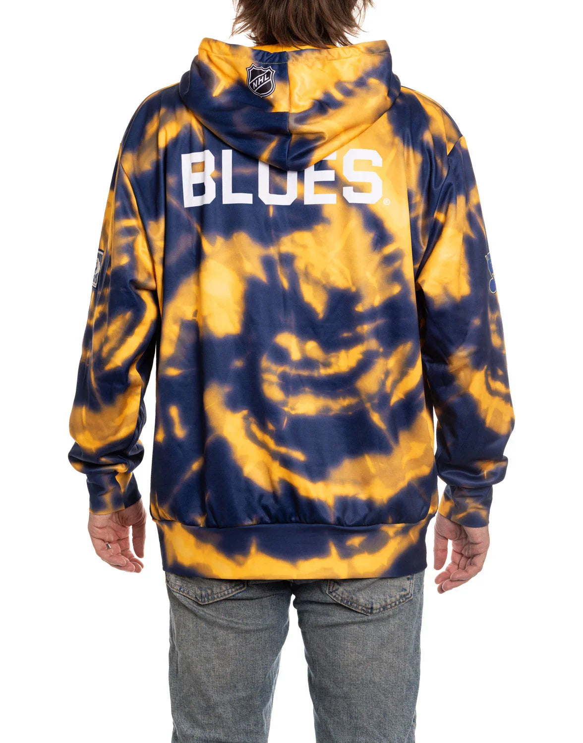 Back view of blue and gold tie-dye NHL Blues sublimation hoodie with logo