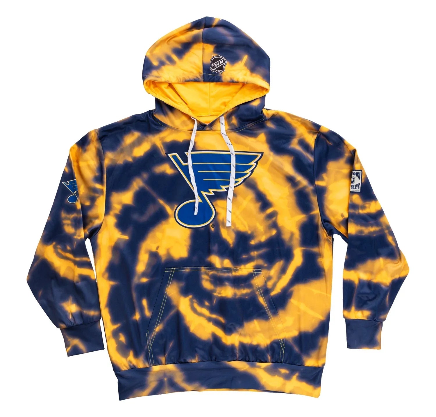 St. Louis Blues tie-dye hoodie with blue and gold logo, front pocket, and NHL branding.