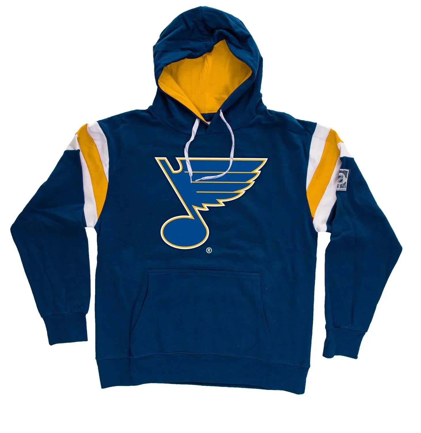 Blue hockey hoodie with yellow St. Louis Blues logo and white-yellow sleeve stripes