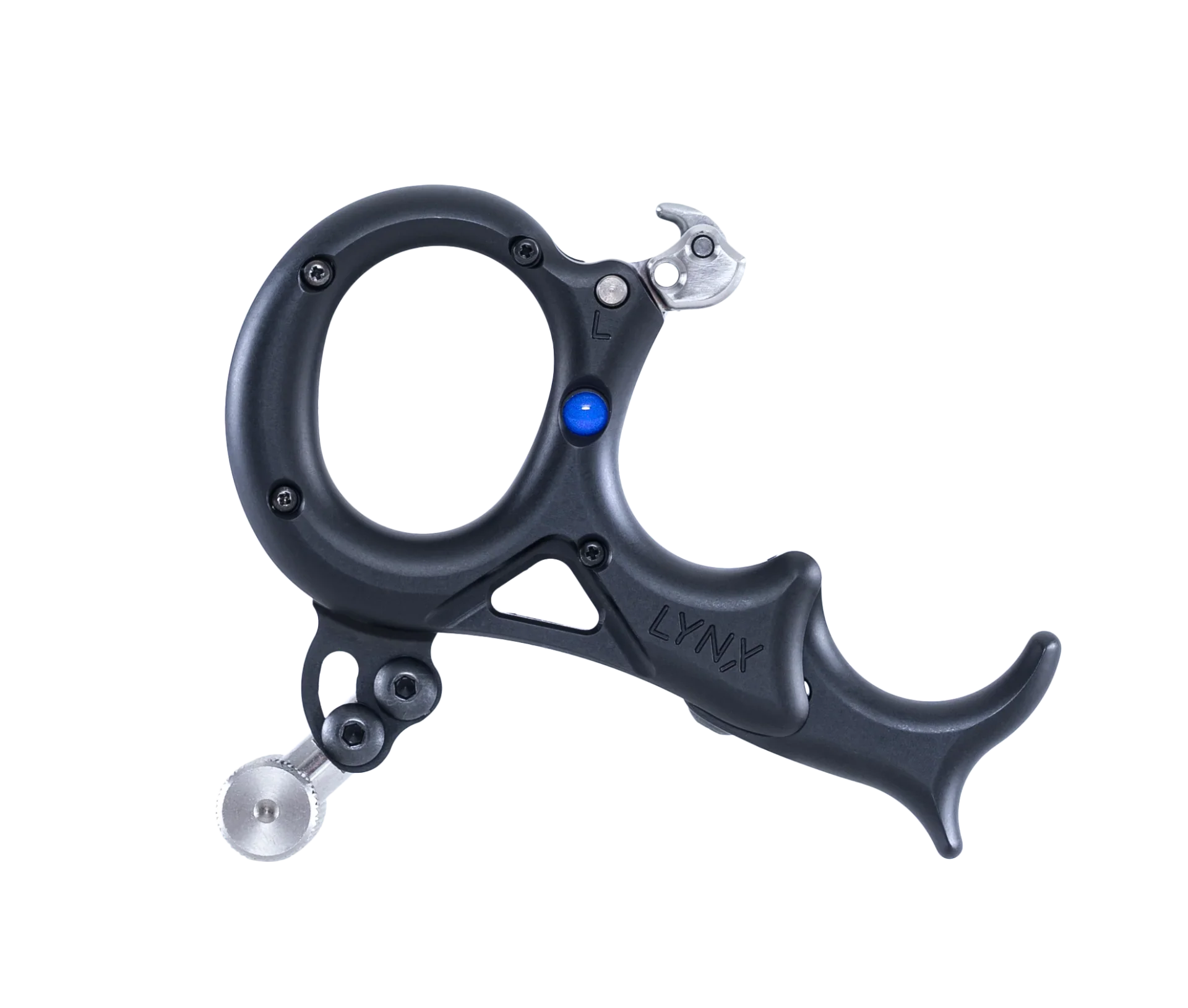 LYNX black archery thumb release with ergonomic grip on white background