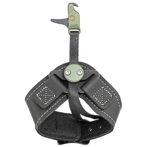 Black leather archery release aid with olive green trigger and white stitching