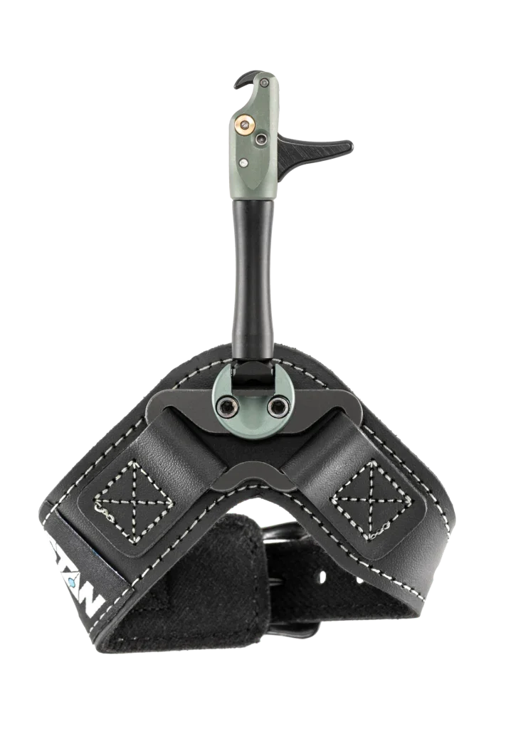Black archery release aid with trigger and hook, leather strap, and white stitching