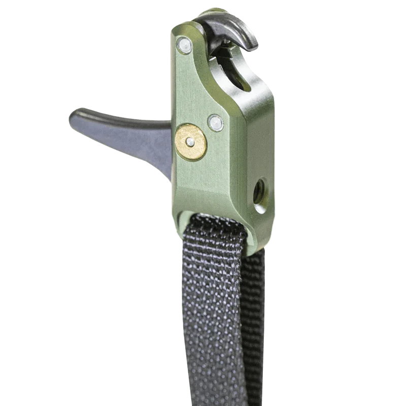 Green metal archery release aid with black trigger and adjustable strap