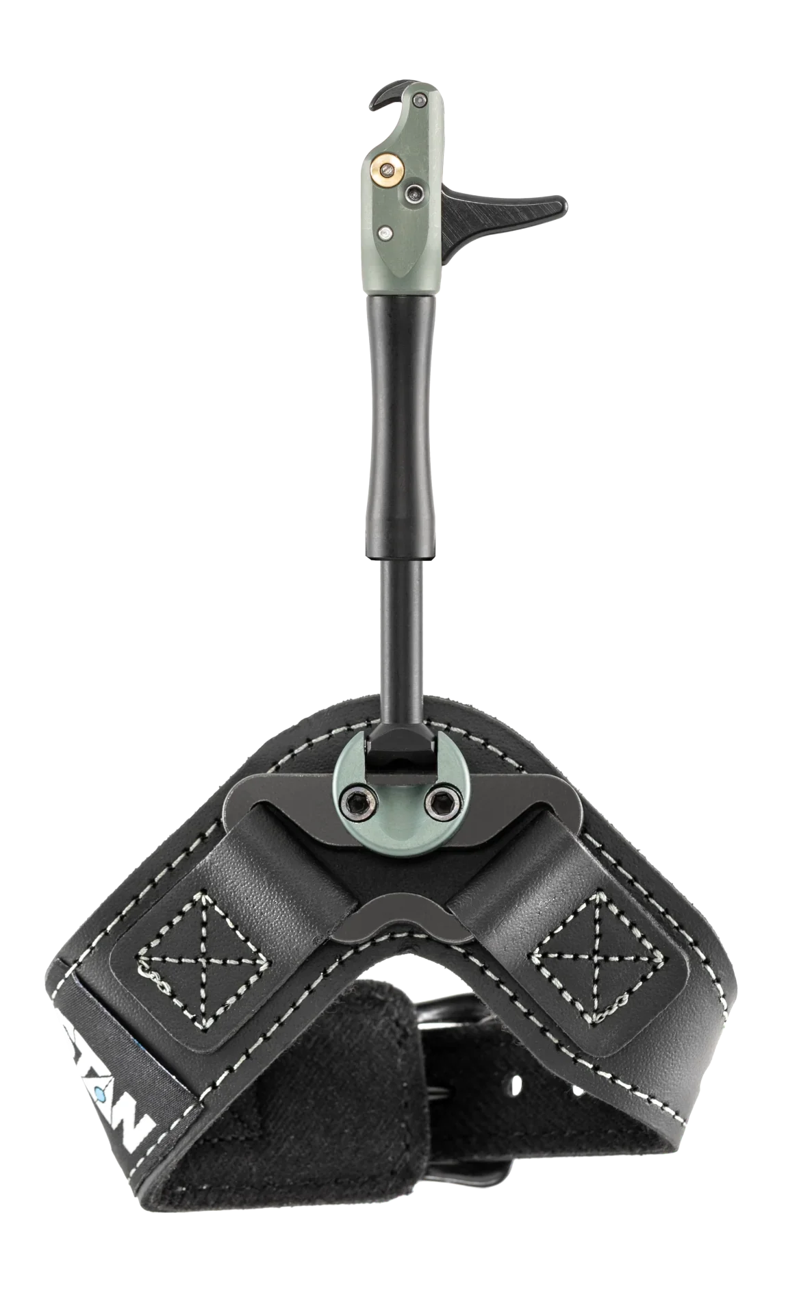 Black archery wrist release aid with metal trigger and stitched leather strap