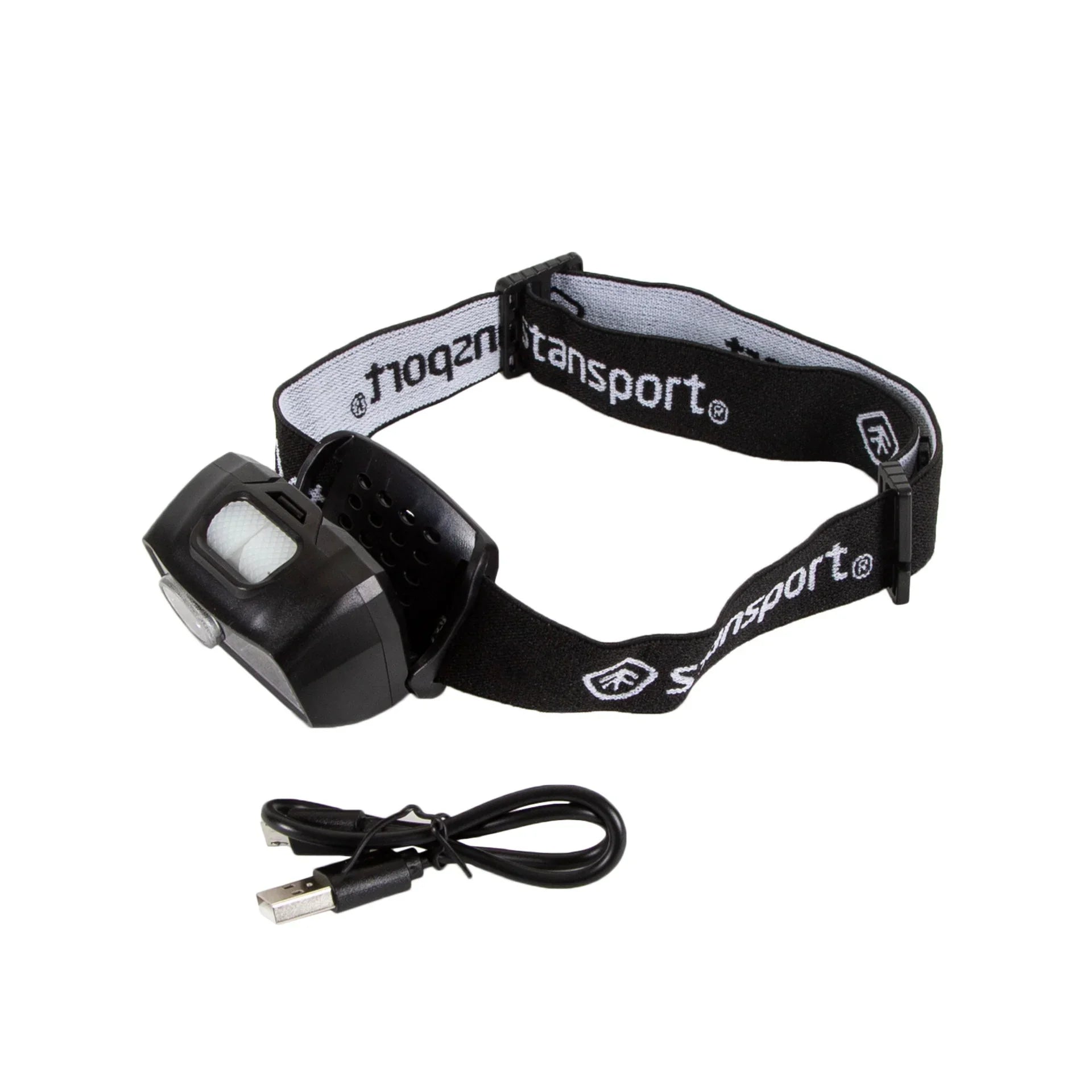 Rechargeable black headlamp with Stansport logo and USB charging cable on white background