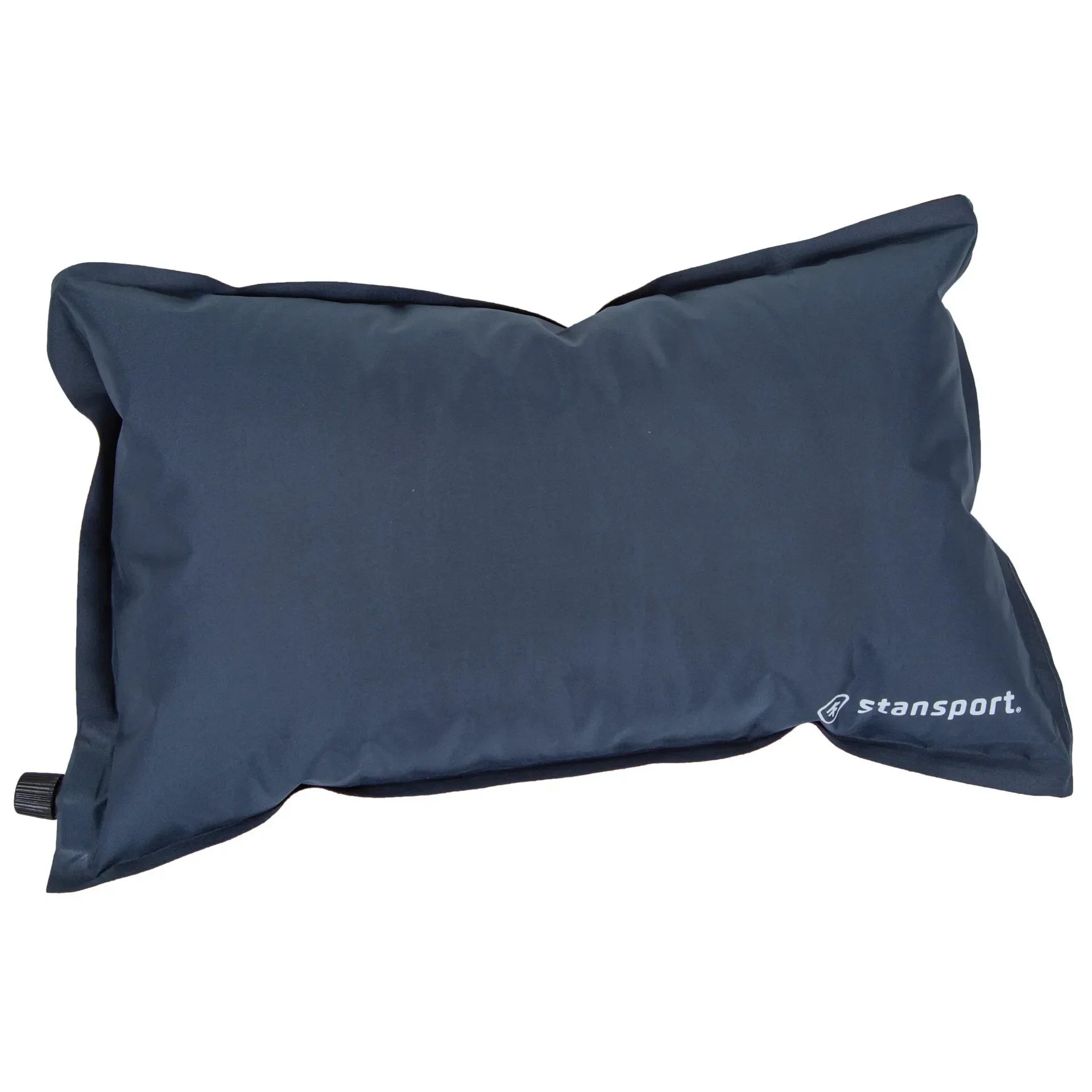 Stansport self-inflating navy camping pillow with logo on corner, isolated on white